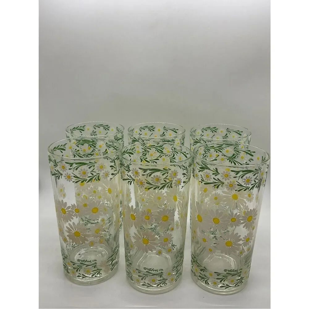 Vintage Culver Set of 6 Daisy-Print Drinking Glasses